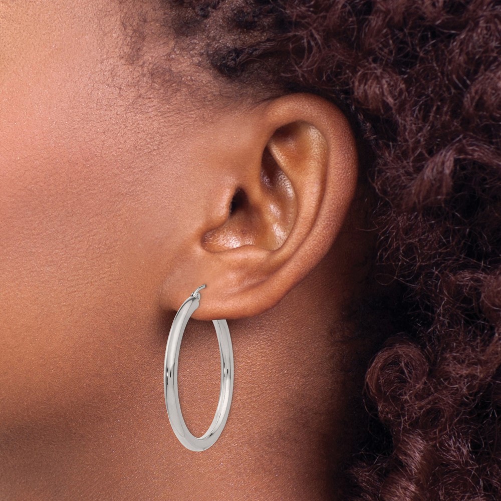 14K White Gold Polished 3mm Tube Hoop Earrings (T848)