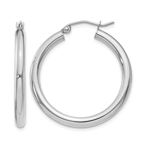 14K White Gold 3x 30mm Polished Tube Hoop Earrings