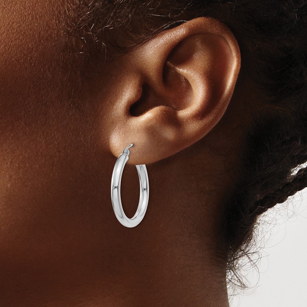 14K White Gold Polished 3mm Tube Hoop Earrings (T850)