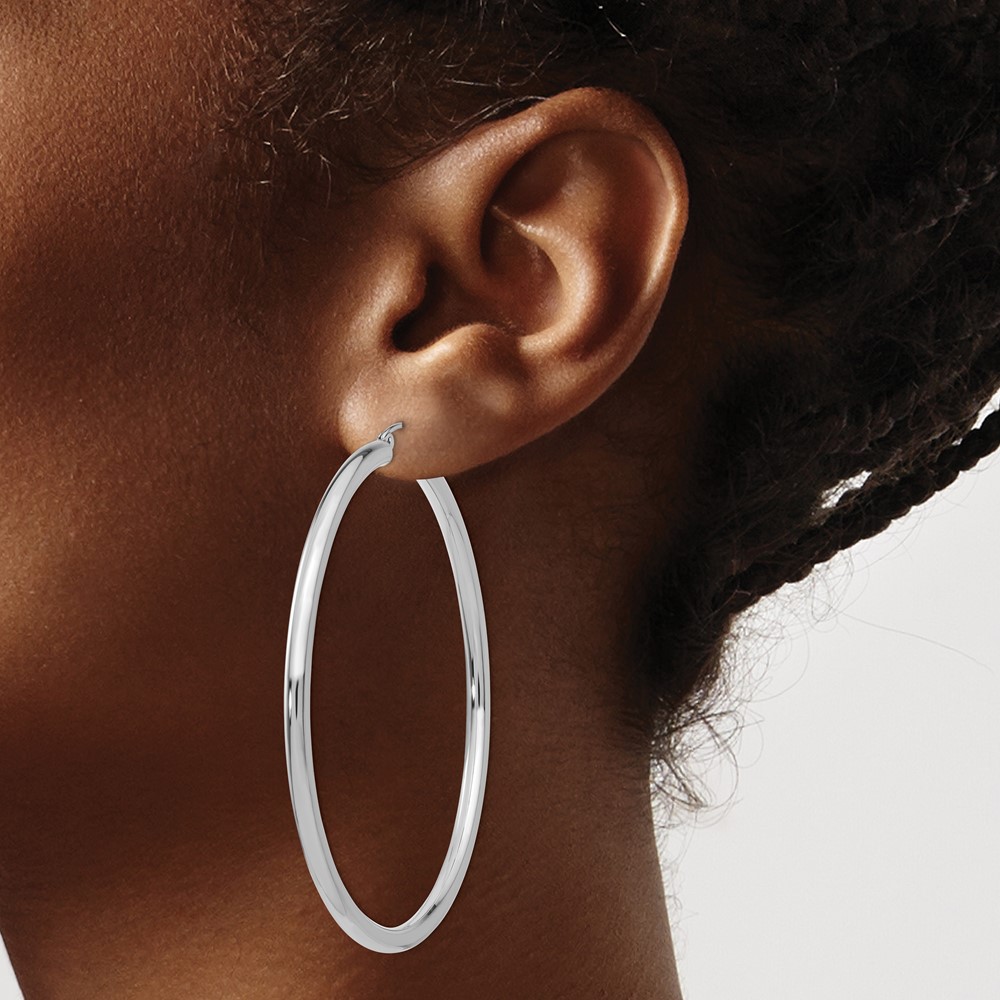14K White Gold Polished 3mm Tube Hoop Earrings (T856)