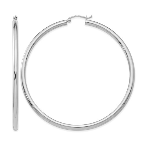 14K White Gold 3x 65mm Polished Lightweight Tube Hoop Earrings