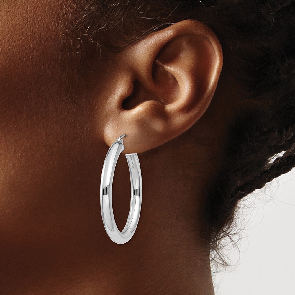 14K White Gold Polished 4mm Tube Hoop Earrings (T859)