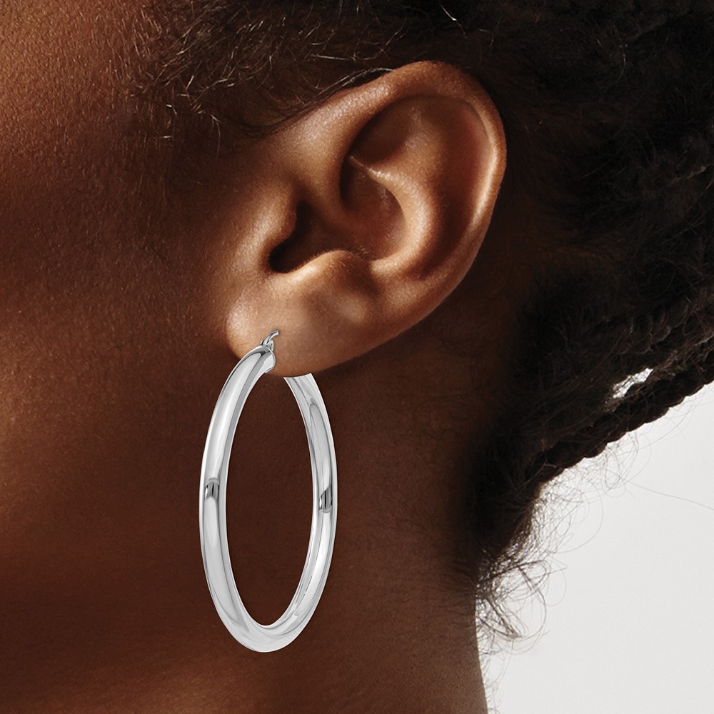14K White Gold Polished 4mm Lightweight Tube Hoop Earrings (T862L)