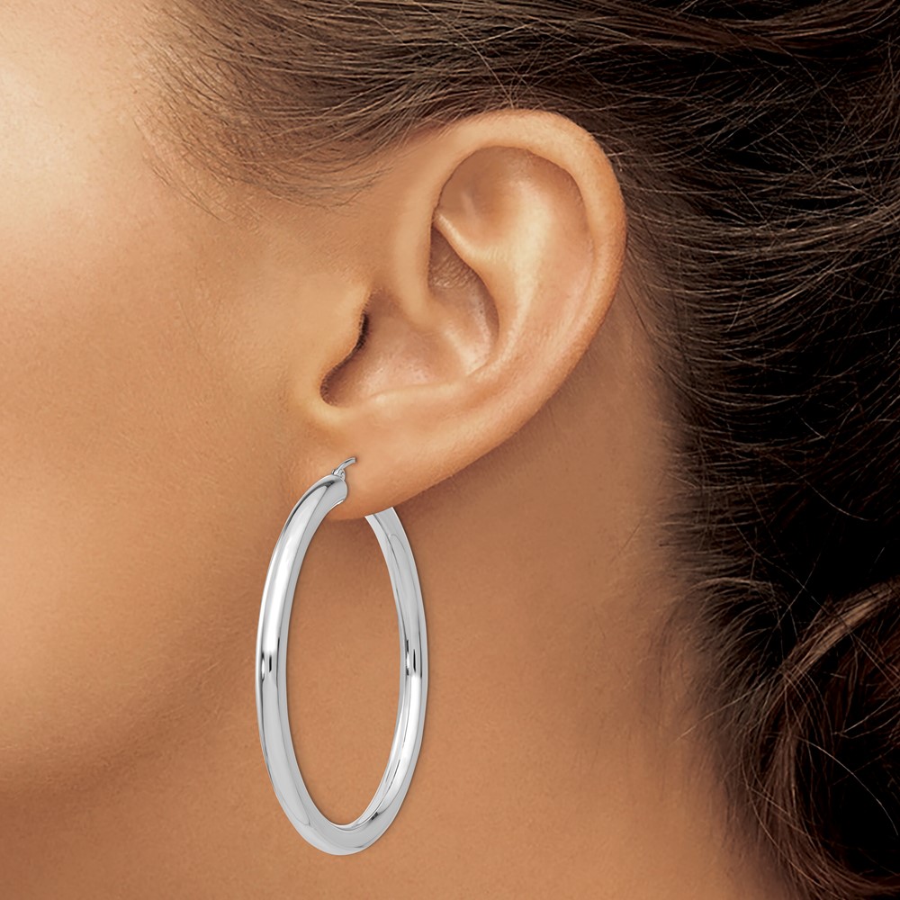 14K White Gold Polished 4mm Lightweight Tube Hoop Earrings (T863L)
