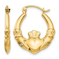 14K Yellow Gold Polished Claddagh Hoop Earrings view 1