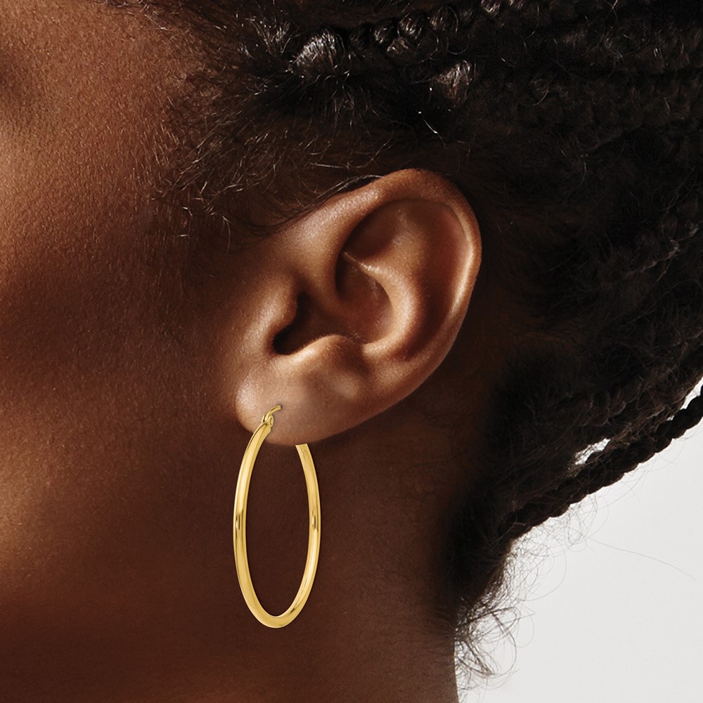 14k Polished 2x35mm Lightweight Tube Hoop Earrings (T913L)