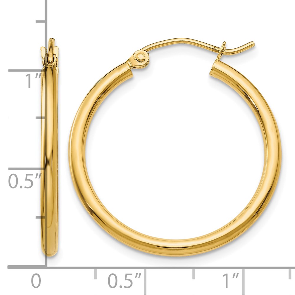 14k Polished 2x25mm Tube Hoop Earrings (T915)