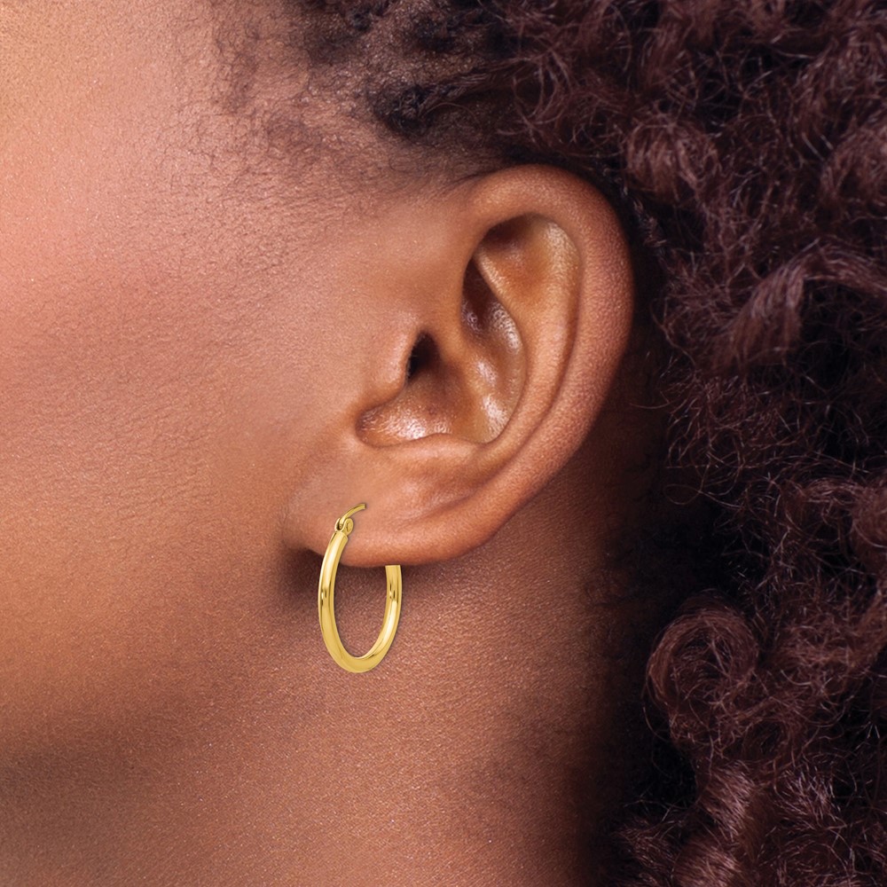 14k Polished 2x20mm Lightweight Tube Hoop Earrings (T916L)