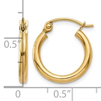 14K Yellow Gold 2x 15mm Polished Tube Hoop Earrings view 4