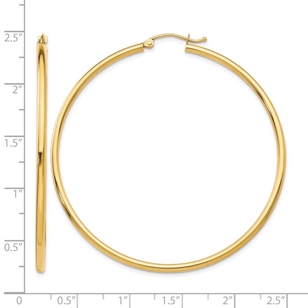 14k Polished 2x55mm Lightweight Tube Hoop Earrings (T922L)