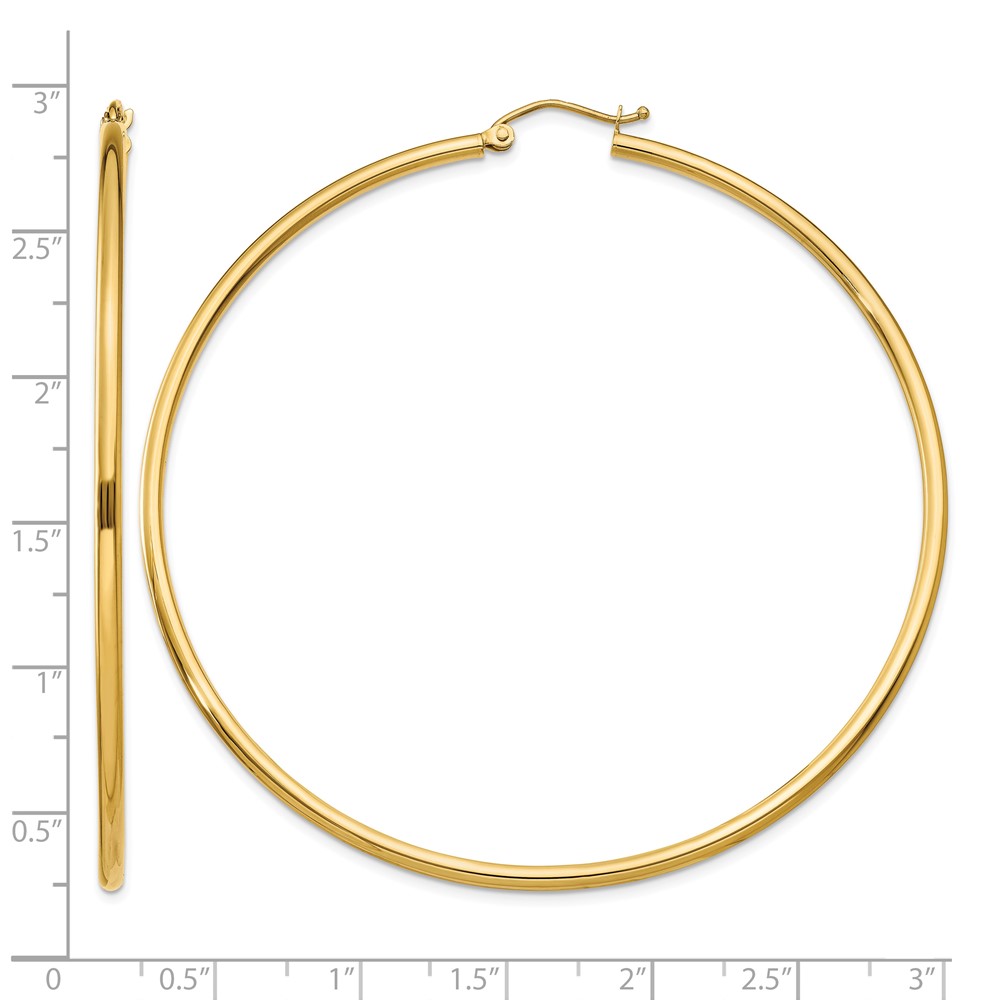14k Polished 2x65mm Lightweight Tube Hoop Earrings (T924L)