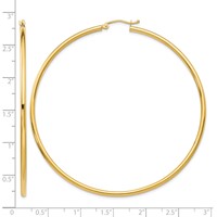14K Yellow Gold 2.5x 65mm Polished Round Tube Hoop Earrings view 4