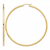 14K Yellow Gold 2.5x 65mm Polished Round Tube Hoop Earrings view 1