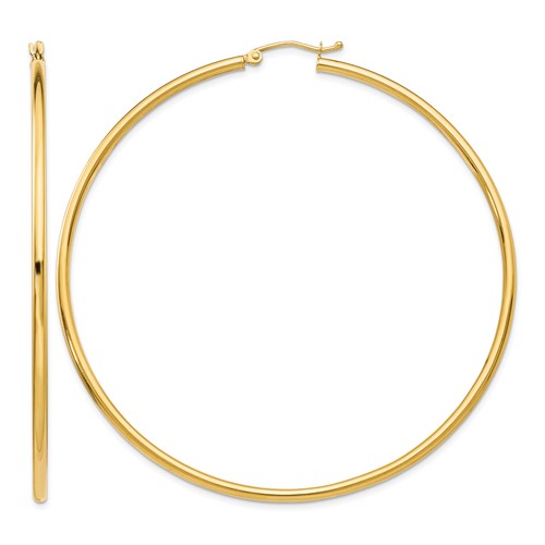 14K Yellow Gold 2.5x 65mm Polished Round Tube Hoop Earrings