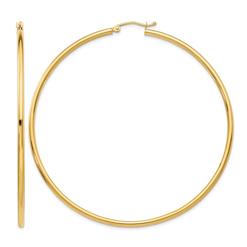 14K Yellow Gold 2.5x 65mm Polished Lightweight Tube Hoop Earrings