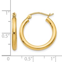 14K Yellow Gold 2.5x 20mm Polished Round Tube Hoop Earrings view 4