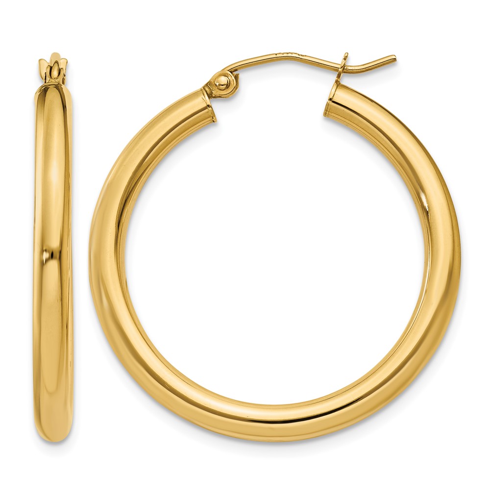 14K Polished 3mm Tube Hoop Earrings (T936)