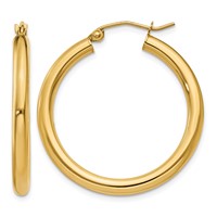 14K Yellow Gold 3x 30mm Polished Lightweight Tube Hoop Earrings view 1