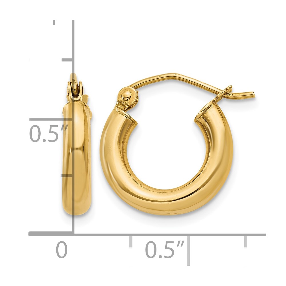 14K Polished 3mm Tube Hoop Earrings (T940)