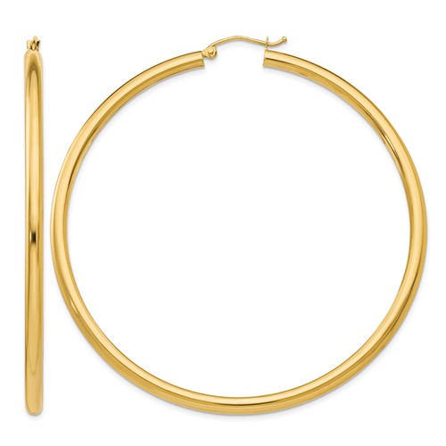 14K Yellow Gold 3x 65mm Polished Lightweight Tube Hoop Earrings