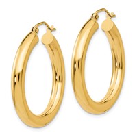 14K Yellow Gold 4x 30mm Polished Tube Hoop Earrings view 2