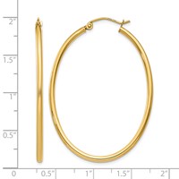 14K Yellow Gold 2x47mm Oval Polished Tube Hoop Earrings view 4