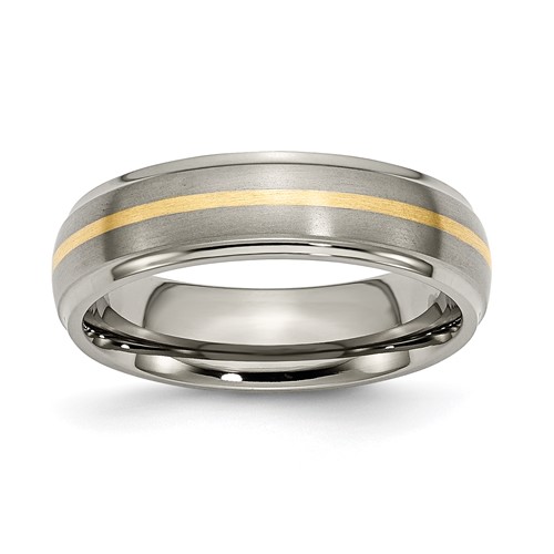 Chisel Titanium Brushed Center Band with 14K Gold Inlay 6mm Ridged Edge