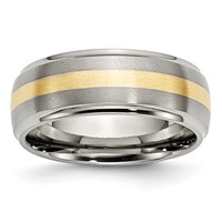 Chisel Titanium Brushed Center Band with 14K Gold Inlay 8mm Ridged Edge view 1