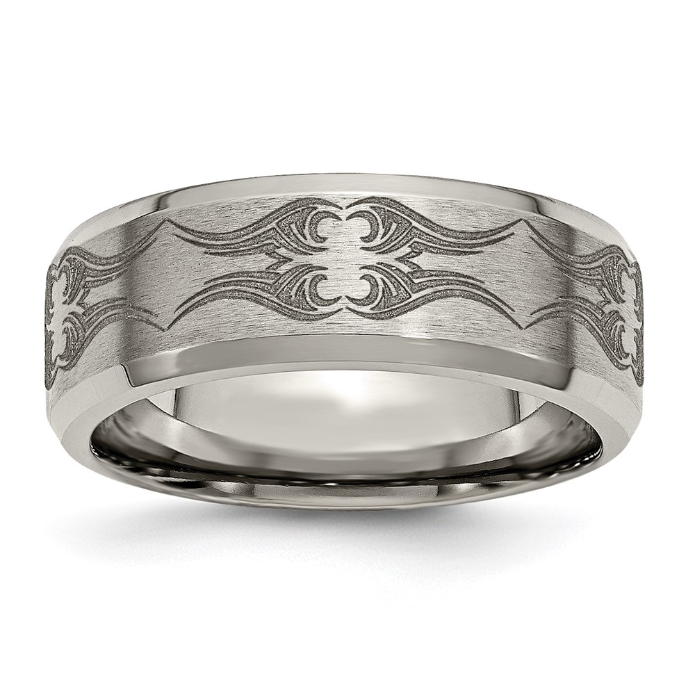 Titanium Brushed & Polished Laser Design 8mm Beveled Edge Band