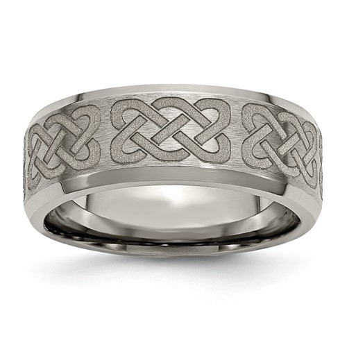 Chisel Titanium Brushed and Polished Celtic Laser Design 8mm Beveled Edge Band