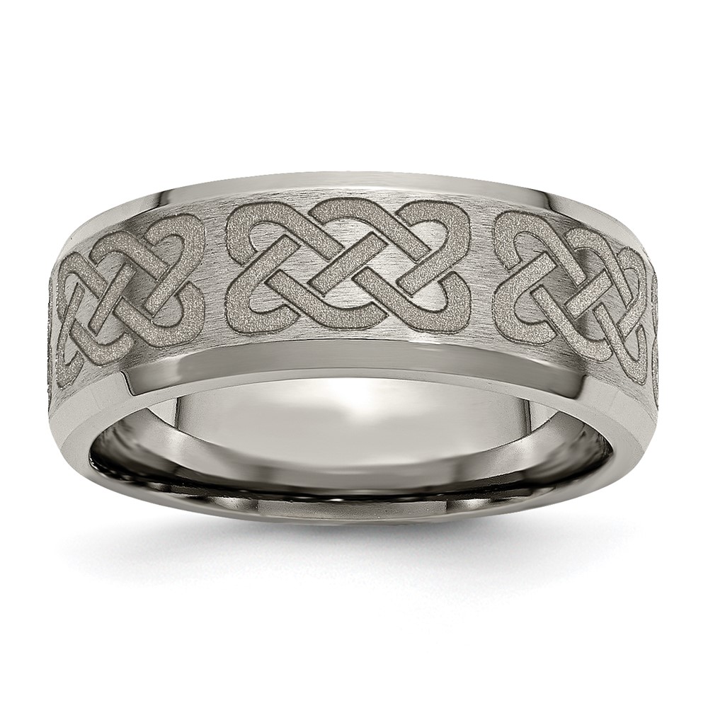 Titanium Brushed & Polished Celtic Laser Design 8mm Beveled Edge Band