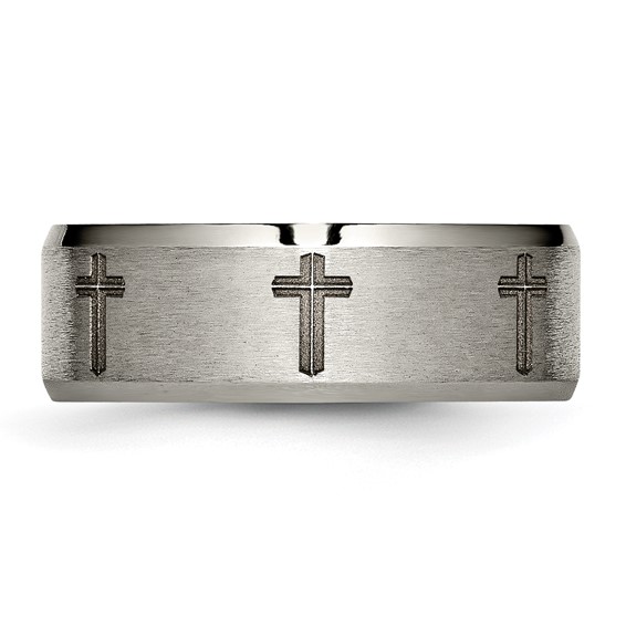 Chisel Titanium Brushed and Polished Cross Laser Design 8mm Beveled Edge Band