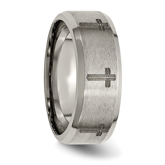 Chisel Titanium Brushed and Polished Cross Laser Design 8mm Beveled Edge Band