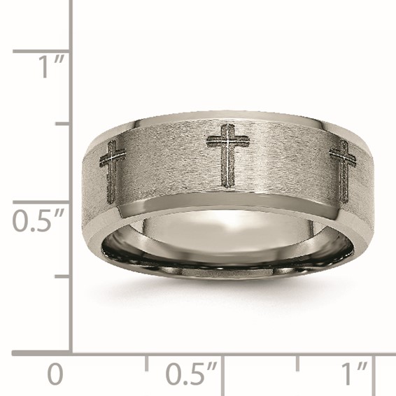 Chisel Titanium Brushed and Polished Cross Laser Design 8mm Beveled Edge Band