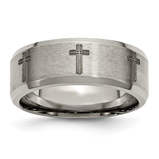 Chisel Titanium Brushed and Polished Cross Laser Design 8mm Beveled Edge Band