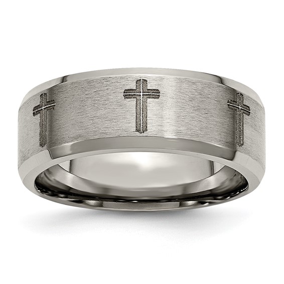 Chisel Titanium Brushed and Polished Cross Laser Design 8mm Beveled Edge Band