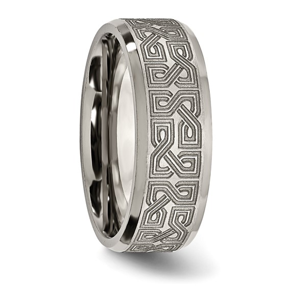 Chisel Titanium Brushed and Polished Greek Key Laser Design 8mm Beveled Band