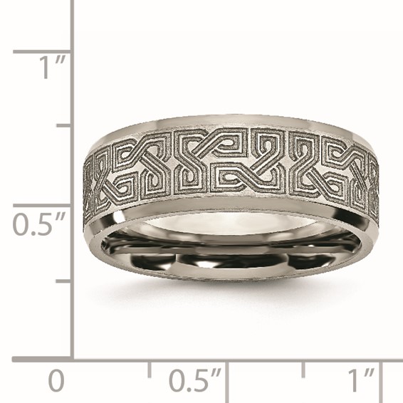 Chisel Titanium Brushed and Polished Greek Key Laser Design 8mm Beveled Band