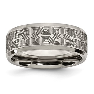 Chisel Titanium Brushed and Polished Greek Key Laser Design 8mm Beveled Band