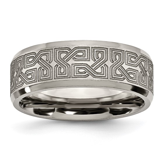 Chisel Titanium Brushed and Polished Greek Key Laser Design 8mm Beveled Band