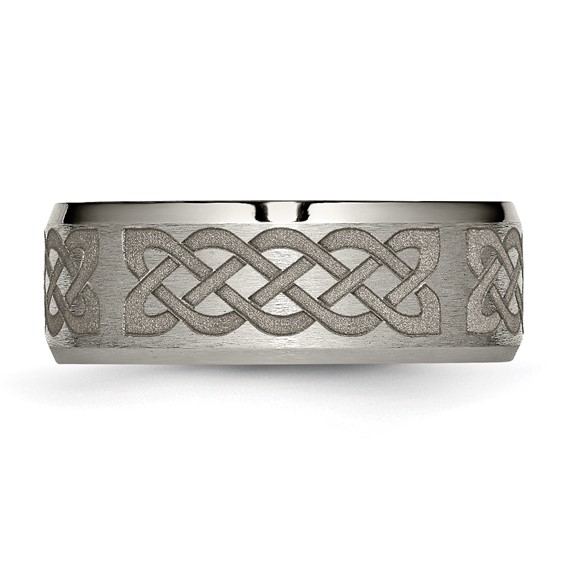 Chisel Titanium Brushed and Polished Celtic Laser Design 8mm Beveled Edge Band