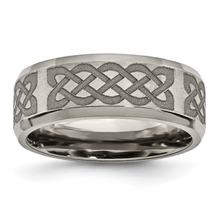 Chisel Titanium Brushed and Polished Celtic Laser Design 8mm Beveled Edge Band
