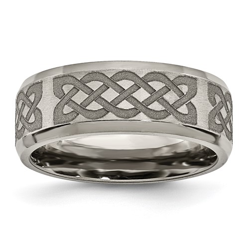 Chisel Titanium Brushed and Polished Celtic Laser Design 8mm Beveled Edge Band