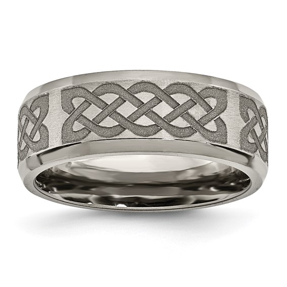 Chisel Titanium Brushed and Polished Celtic Laser Design 8mm Beveled Edge Band