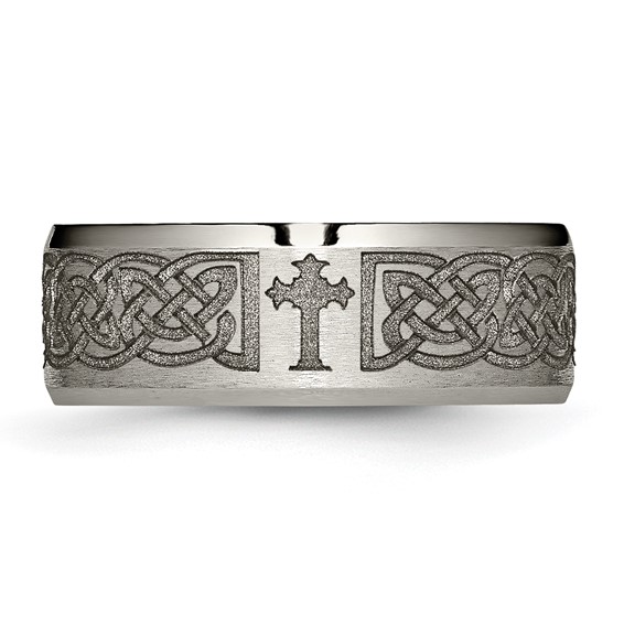 Chisel Titanium Brushed and Polished Cross Laser Design 8mm Beveled Edge Band