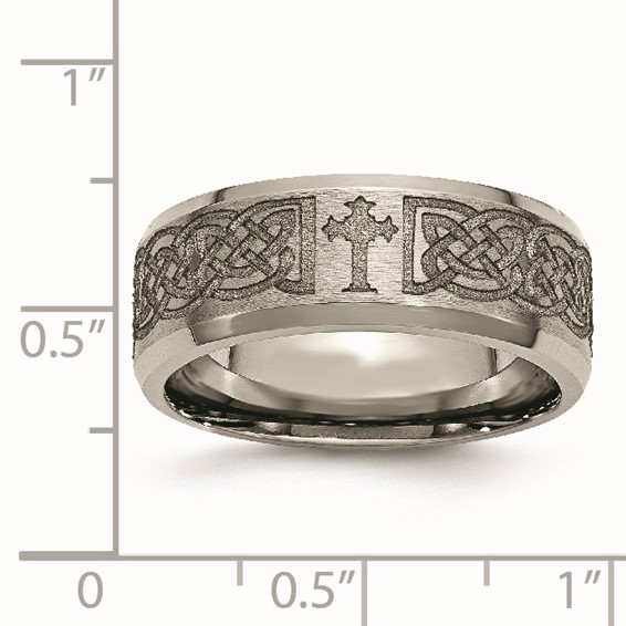 Chisel Titanium Brushed and Polished Cross Laser Design 8mm Beveled Edge Band