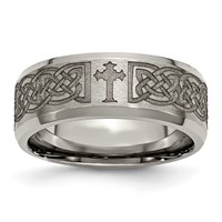 Chisel Titanium Brushed and Polished Cross Laser Design 8mm Beveled Edge Band view 1