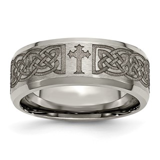 Chisel Titanium Brushed and Polished Cross Laser Design 8mm Beveled Edge Band