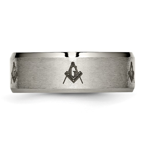 Chisel Titanium Brushed and Polished Masonic Laser Design 8mm Beveled Edge Band