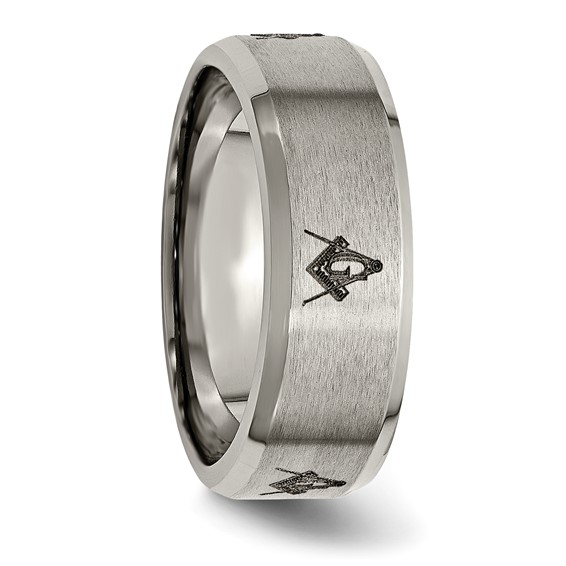 Chisel Titanium Brushed and Polished Masonic Laser Design 8mm Beveled Edge Band